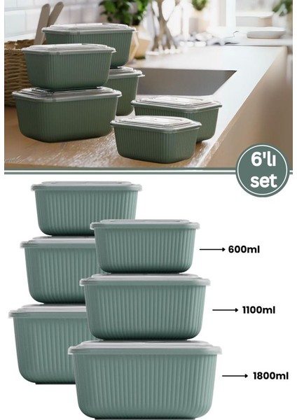 6 Lı Erzak Gıda Saklama Kabı, Buzdolabı Düzenleyici Organizer 6 Lı Set 2X(600ML,1100ML,1800ML) Yeşil