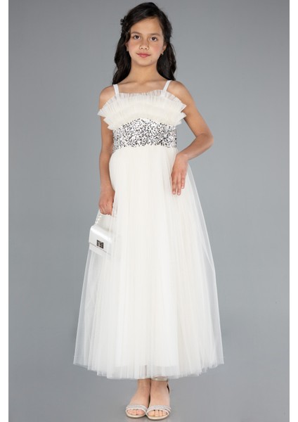 Askılı Beli Pullu Uzun Kız Çocuk Abiye ABU4830