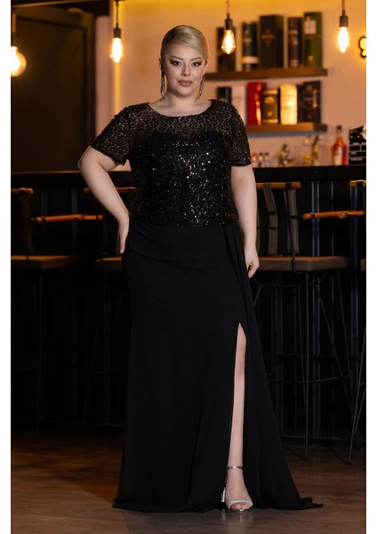 Kısa Kol Boncuklu Yırtmaçlı Uzun Büyük Beden Abiye ABU4806