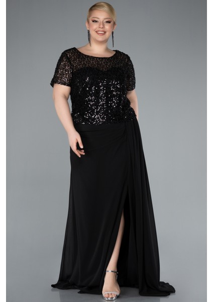 Kısa Kol Boncuklu Yırtmaçlı Uzun Büyük Beden Abiye ABU4806 fiyatları