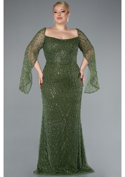 Kare Yaka Uzun Kol Boncuklu Büyük Beden Abiye ABU4640