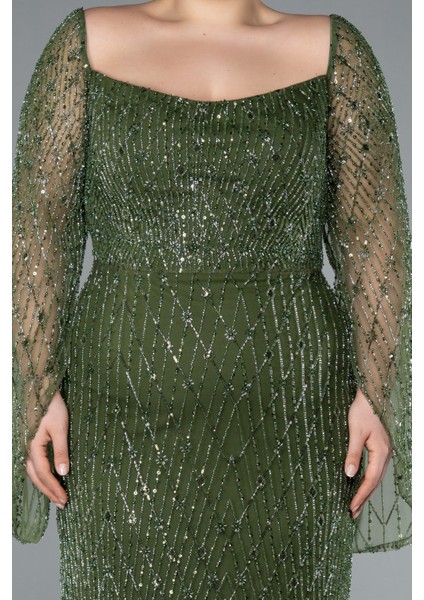 Kare Yaka Uzun Kol Boncuklu Büyük Beden Abiye ABU4640 modelleri