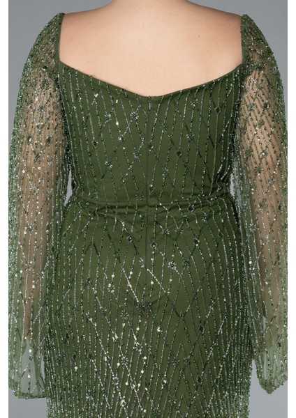 Kare Yaka Uzun Kol Boncuklu Büyük Beden Abiye ABU4640 fırsatları