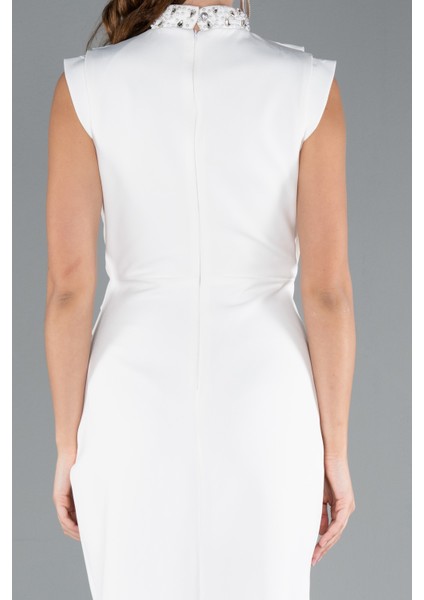 Halter Yaka Yırtmaçlı Midi Davet Elbisesi ABK2309