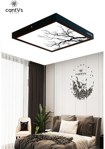 Ahşap Siyah Çerçeveli Tavan LED 60X60CM Panel Aydınlatma Avize Salon Yatak Odası Mutfak Beyaz