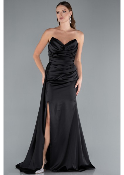 Kedi Kulağı Straplez Yırtmaç Uzun Saten Abiye ABU4841