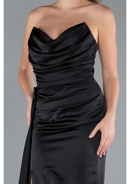 Kedi Kulağı Straplez Yırtmaç Uzun Saten Abiye ABU4841 modelleri