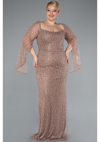 Kare Yaka Uzun Kol Boncuklu Büyük Beden Abiye ABU4640