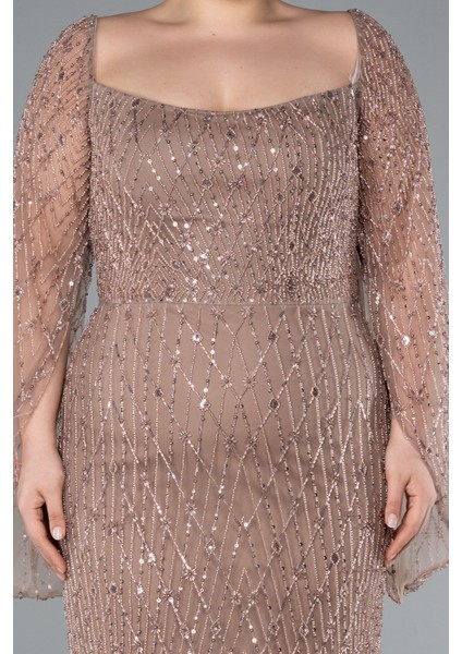 Kare Yaka Uzun Kol Boncuklu Büyük Beden Abiye ABU4640 modelleri