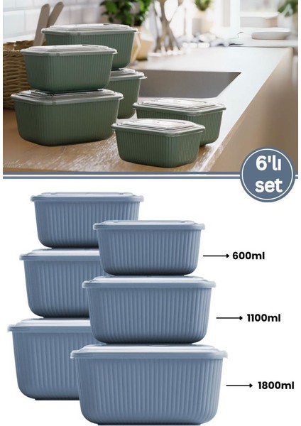 6 Lı Erzak Gıda Saklama Kabı, Buzdolabı Düzenleyici Organizer 6 Lı Set 2X(600ML,1100ML,1800ML) Mavi