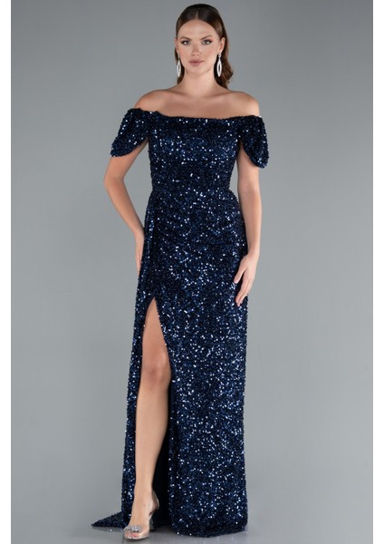 Kayık Yaka Bacak Dekolteli Uzun Pullu Abiye Elbise ABU4843