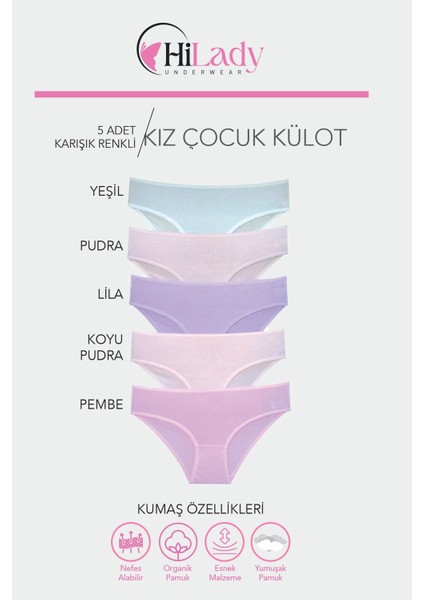 Çocuk Külot 5'li Paket Fiyonklu Pamuklu Soft Renkler, Yumuşak Çocuk Külot