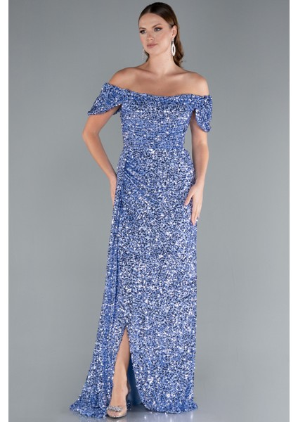 Kayık Yaka Bacak Dekolteli Uzun Pullu Abiye Elbise ABU4843