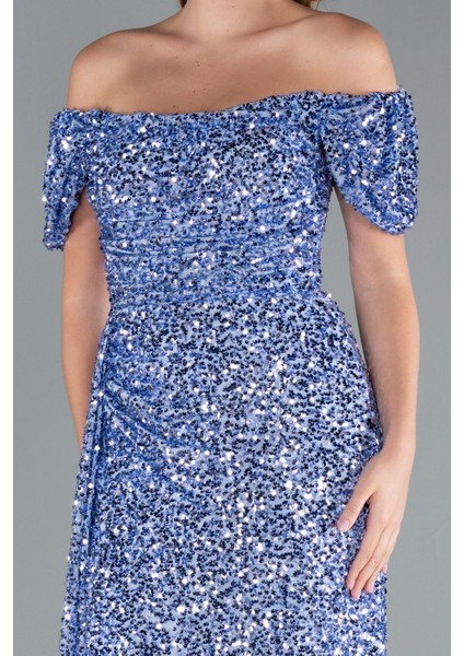 Kayık Yaka Bacak Dekolteli Uzun Pullu Abiye Elbise ABU4843 modelleri