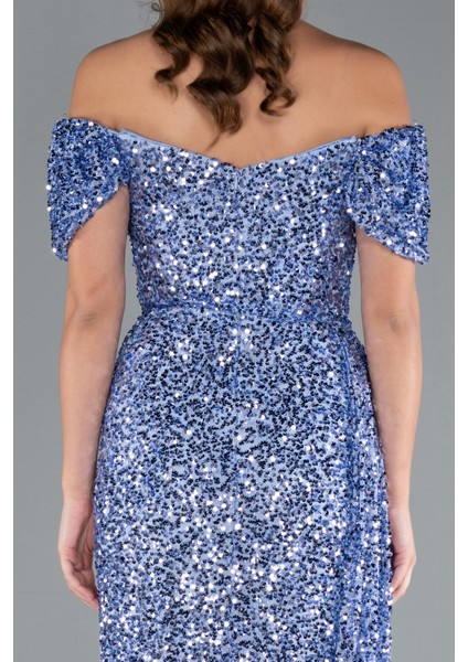 Kayık Yaka Bacak Dekolteli Uzun Pullu Abiye Elbise ABU4843 fırsatları