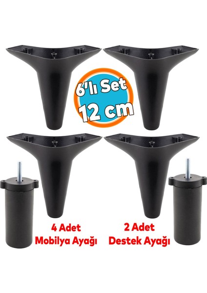 Mobilya Tv Ünitesi Çekyat Koltuk Kanepe Baza Destek Ayağı Ayakları 12 cm Siyah M8 6'lı Set