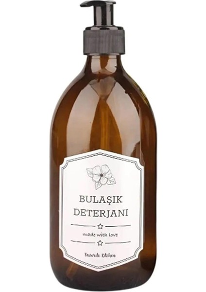Çiçek Dekorlu Etiketli Pompalı Cam Bulaşık Deterjanı Kutusu Sıvı Sabunluk 500 ml