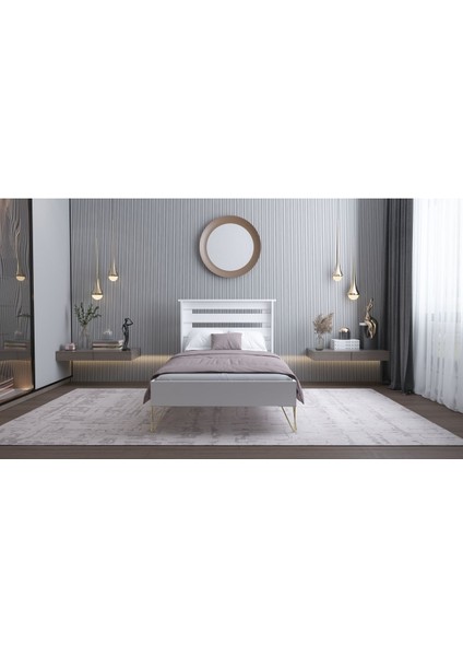 Yeni Still 90 x 190 Yatak Uyumlu Mdf Beyaz Tek Gold Ayaklı Kişilik Karyola