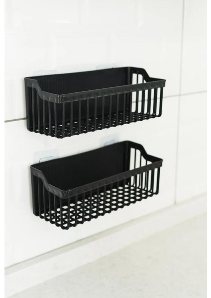 2'li Yapışkanlı Dolap Içi Düzenleyici Mutfak Banyo Duş Rafı Organizer Şampuanlık, Siyah Plastik indirimleri