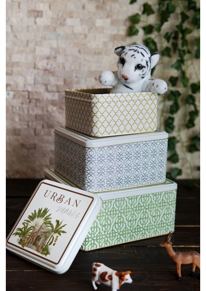 Desenli çelik saklama kutusu, organizer, makyaj düzenleyici, şık ve fonksiyonel, 3 parça