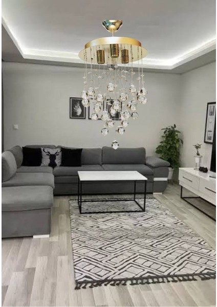 Yağmur Yuvarlak 3'lü Sarı Paslanmaz Çelik Kristal Taşlı Avize