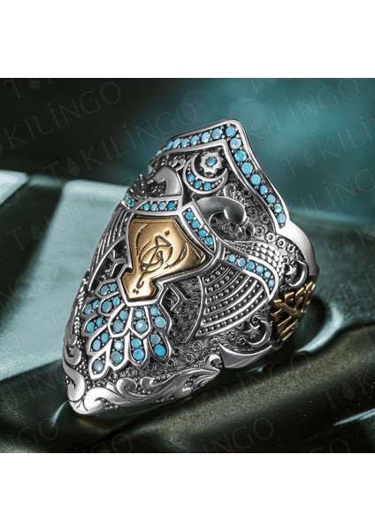 925 Ayar Gümüş Islam Usta Kemankeş Model Ayarlanabilir Turkuaz Taşlı Erkek Yüzük