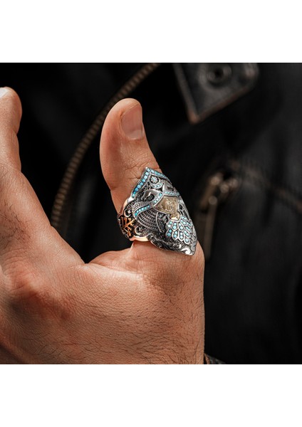 925 Ayar Gümüş Islam Usta Kemankeş Model Ayarlanabilir Turkuaz Taşlı Erkek Yüzük modelleri