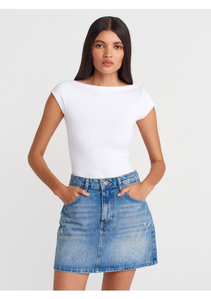 31809 Kayık Yaka Fitilli T-Shirt-Beyaz