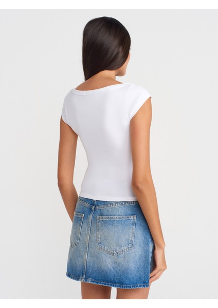 31809 Kayık Yaka Fitilli T-Shirt-Beyaz fiyatları