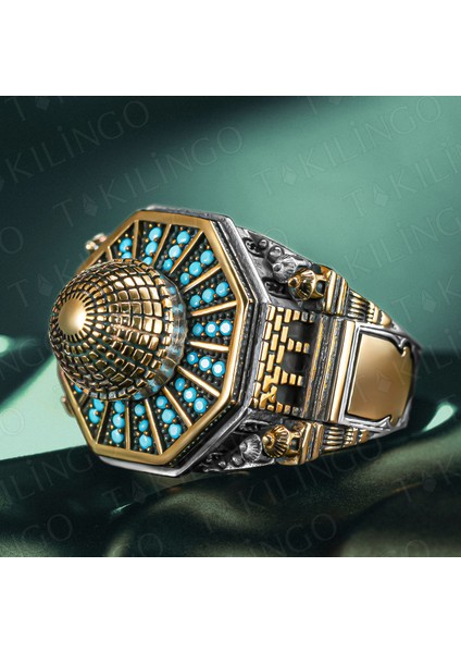 Islam Usta Kubbet'üs Sahra Model 925 Ayar Gümüş Turkuaz Taşlı Dualı Erkek Yüzük
