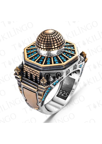 Islam Usta Kubbet'üs Sahra Model 925 Ayar Gümüş Turkuaz Taşlı Dualı Erkek Yüzük fiyatları