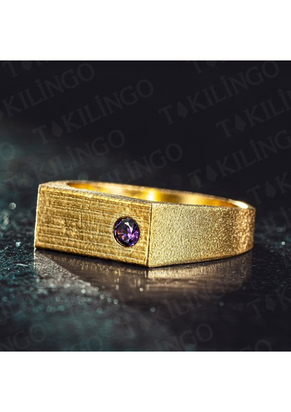 925 Ayar Gümüş Altın Kaplama Ametist Taşlı Sade Erkek Yüzük