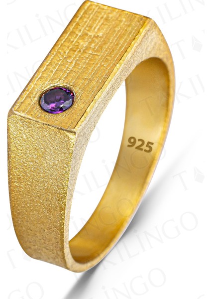 925 Ayar Gümüş Altın Kaplama Ametist Taşlı Sade Erkek Yüzük fiyatları