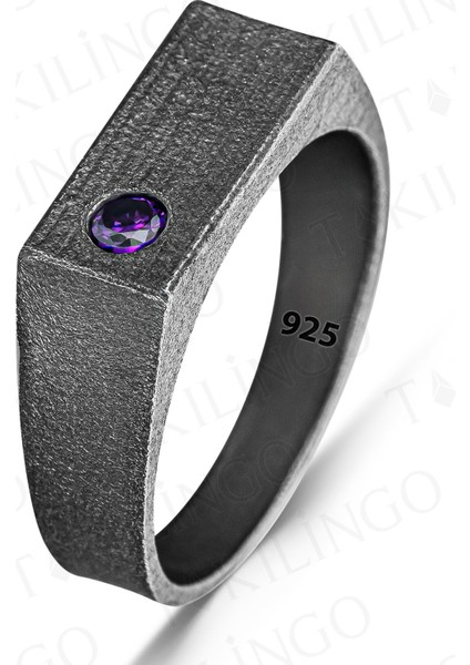 925 Ayar Gümüş Oksitli Pırlanta Montür Ametist Taşlı Sade Erkek Yüzük
