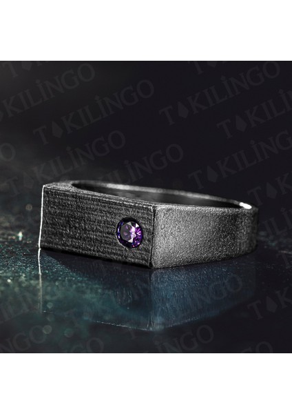 925 Ayar Gümüş Oksitli Pırlanta Montür Ametist Taşlı Sade Erkek Yüzük fiyatları