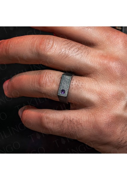 925 Ayar Gümüş Oksitli Pırlanta Montür Ametist Taşlı Sade Erkek Yüzük modelleri