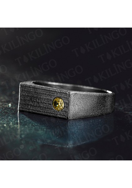 925 Ayar Gümüş Oksitli Pırlanta Montür Sitrin Taşlı Sade Erkek Yüzük fiyatları