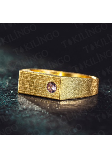 925 Ayar Gümüş Altın Kaplama Pembe Zirkon Taşlı Erkek Yüzük