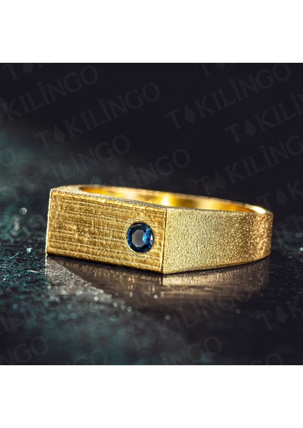 925 Ayar Gümüş Altın Kaplama Mavi Zirkon Taşlı Sade Erkek Yüzük fiyatları