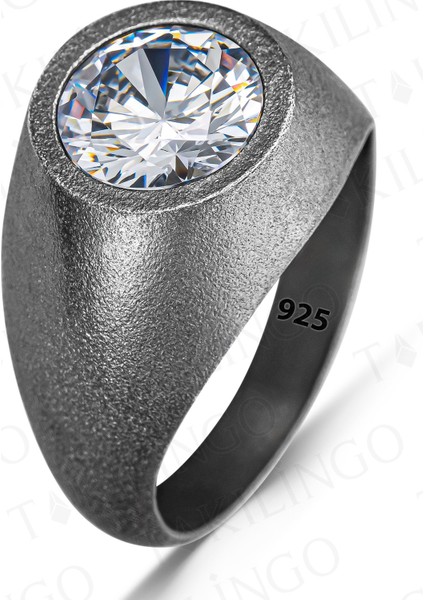 925 Ayar Gümüş Oksitli Yuvarlak Zirkon Taşlı Sade Erkek Yüzük