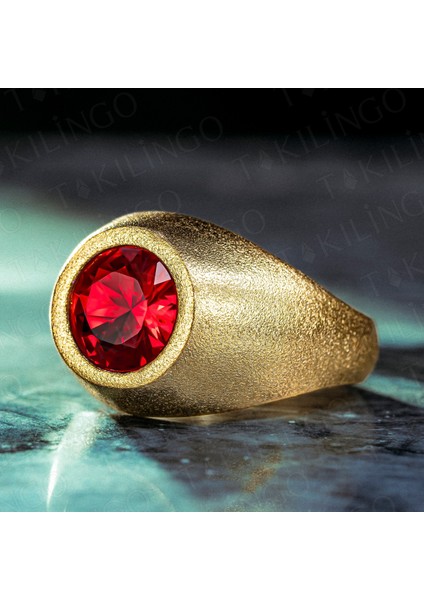 925 Ayar Gümüş Altın Kaplama Yuvarlak Kırmızı Ruby Taşlı Sade Erkek Yüzük