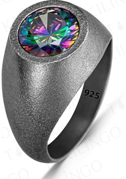 925 Ayar Gümüş Oksitli Yuvarlak Mistik Topaz Taşlı Sade Erkek Yüzük