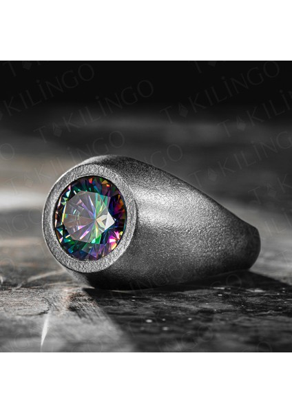 925 Ayar Gümüş Oksitli Yuvarlak Mistik Topaz Taşlı Sade Erkek Yüzük fiyatları