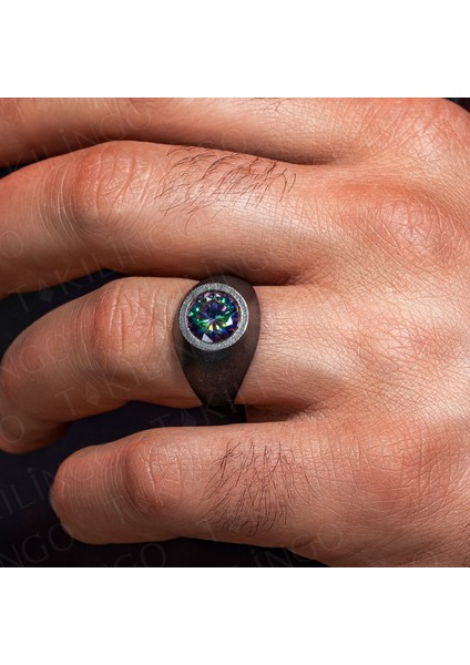 925 Ayar Gümüş Oksitli Yuvarlak Mistik Topaz Taşlı Sade Erkek Yüzük modelleri