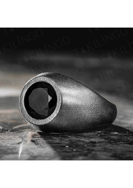 925 Ayar Gümüş Siyah Zirkon Taşlı Yuvarlak Oksitli Sade Erkek Yüzük