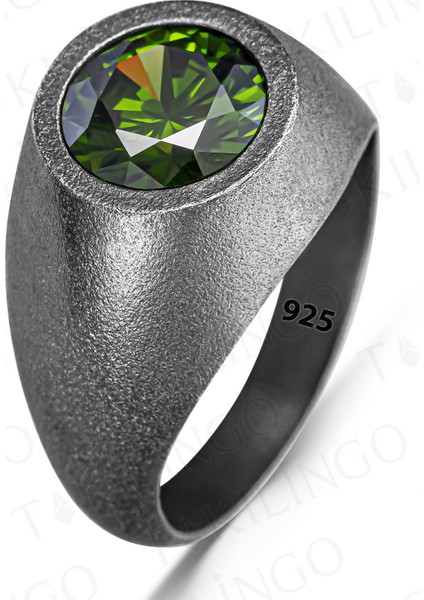925 Ayar Gümüş Oksitli Yuvarlak Peridor Olivin Taşlı Erkek Yüzük