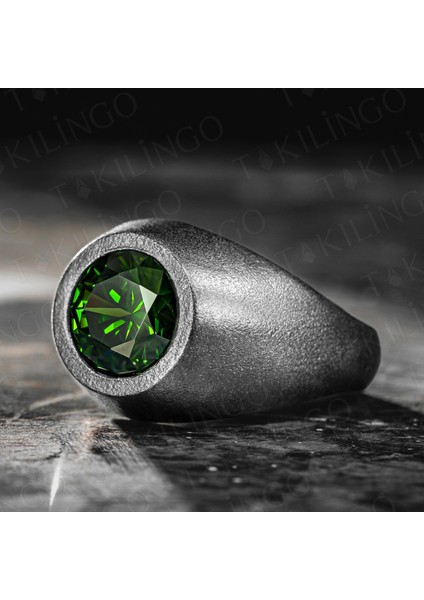 925 Ayar Gümüş Oksitli Yuvarlak Peridor Olivin Taşlı Erkek Yüzük fiyatları