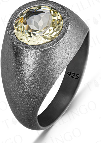 925 Ayar Gümüş Oksitli Yuvarlak Limon Sarısı Zirkon Taşlı Erkek Yüzük