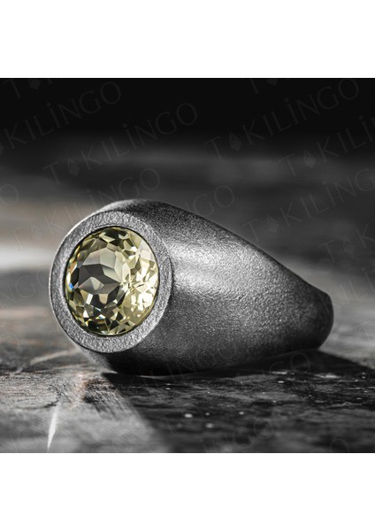 925 Ayar Gümüş Oksitli Yuvarlak Limon Sarısı Zirkon Taşlı Erkek Yüzük fiyatları