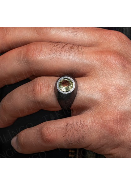 925 Ayar Gümüş Oksitli Yuvarlak Limon Sarısı Zirkon Taşlı Erkek Yüzük modelleri